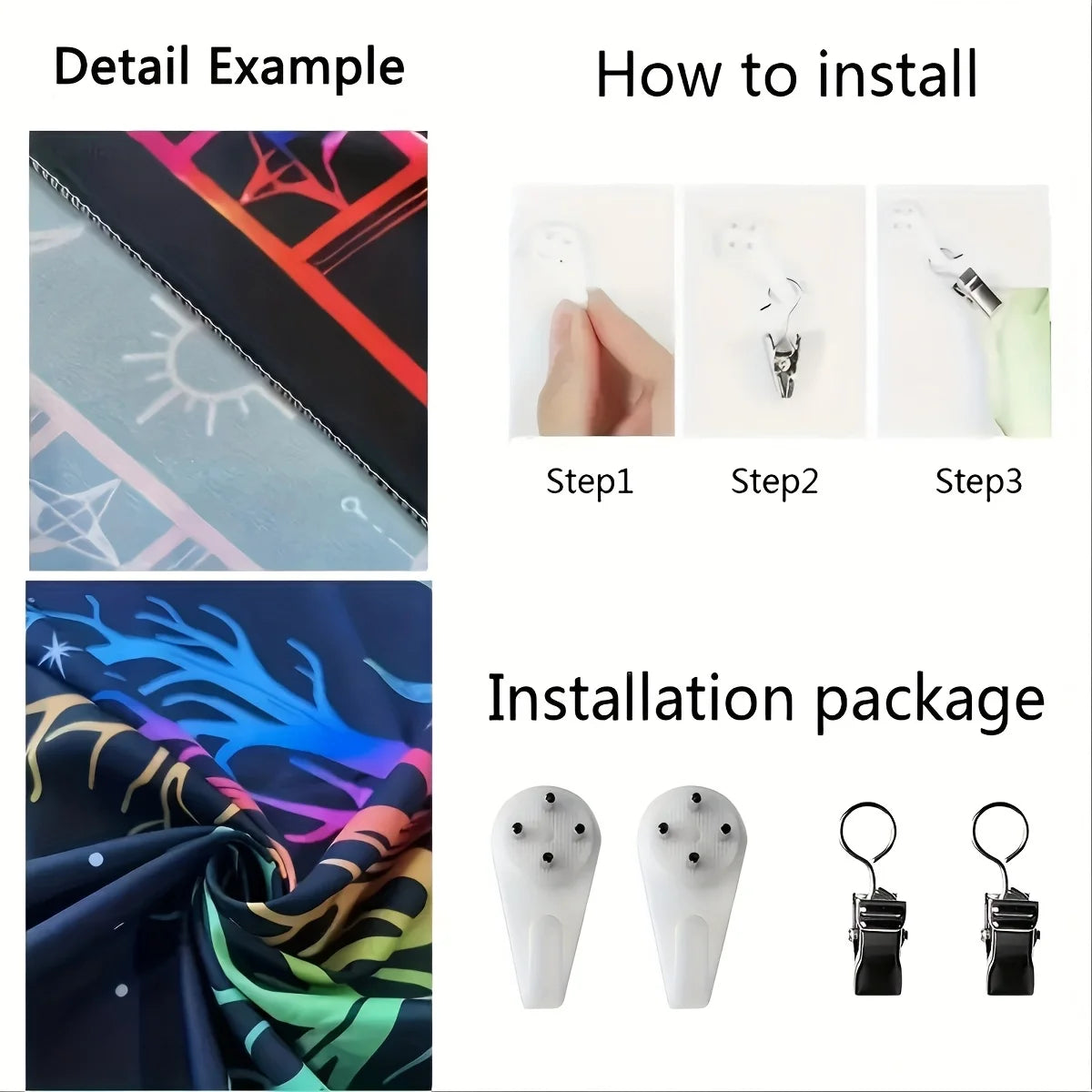Installation guide showing steps for installing a decorative fabric wall tapestry, including the product and packaging compon