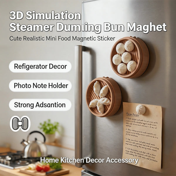 A set of realistic 3D steamer bun and dumpling fridge magnets used as a cute food magnetic sticker decor