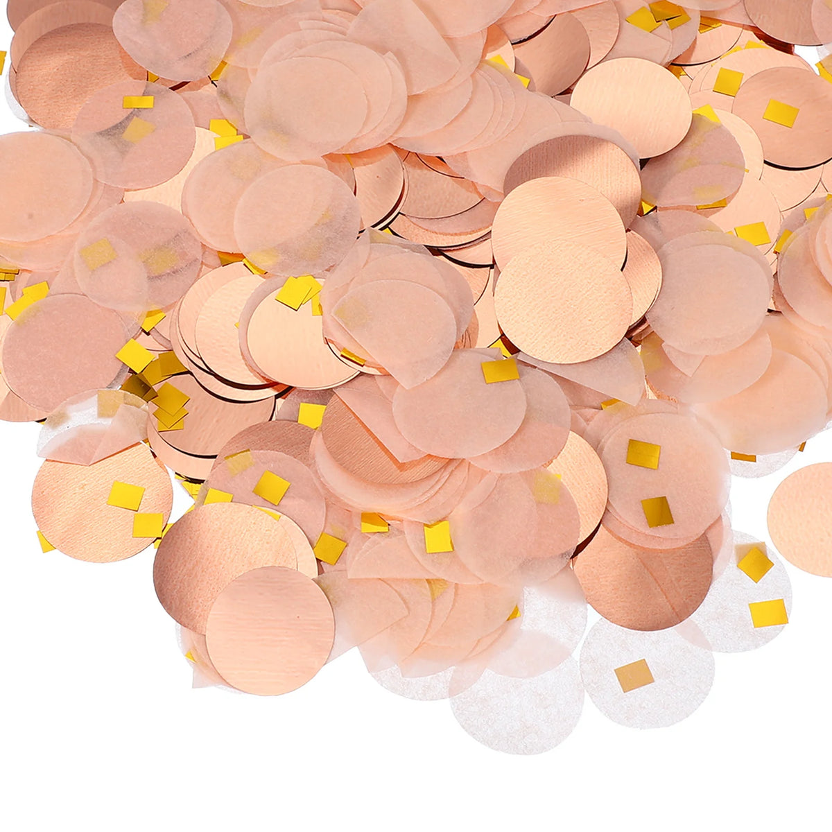 A pile of round tissue paper confetti dots in a soft peach or blush pink color with gold accents.