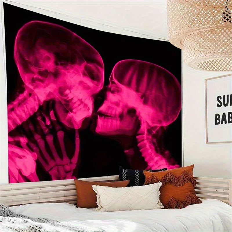 Gothic pink skull x-ray tapestry featuring two skulls in a dark romantic style on a wall.