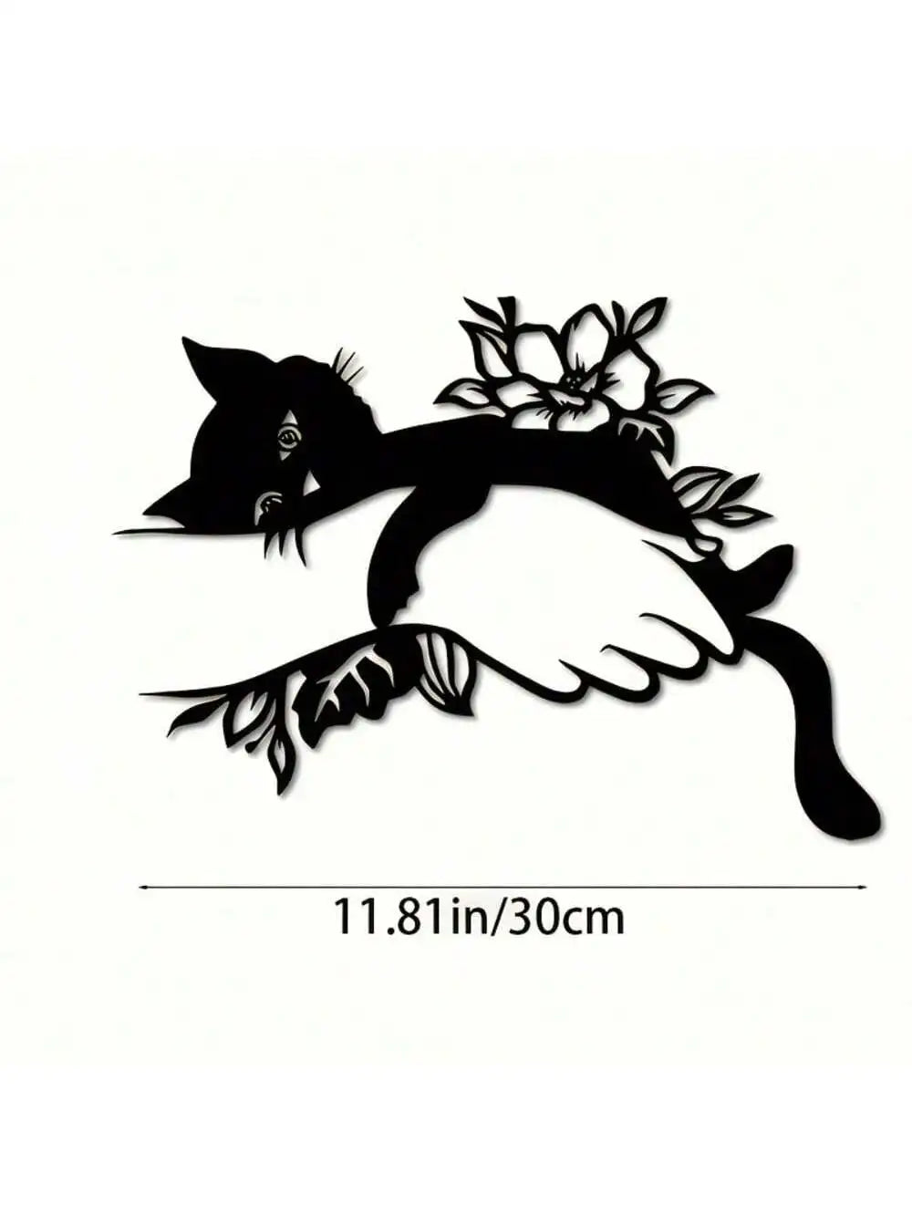 Black silhouette of a cat gently licking a hand, featuring floral accents, as Art Deco metal wall decor.