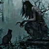 A dark, moody painting featuring a shadowy figure with long black hair and thorny branches, standing near a dark silhouette o