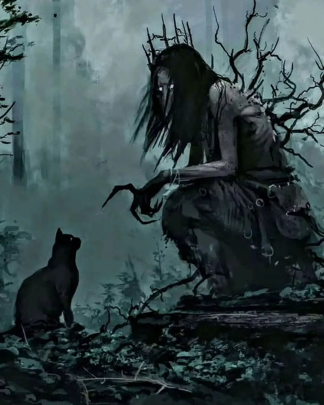 A dark, moody painting featuring a shadowy figure with long black hair and thorny branches, standing near a dark silhouette o