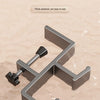 A close-up view of a thick metal adjustable desk bag hook designed for securing backpacks and bags.