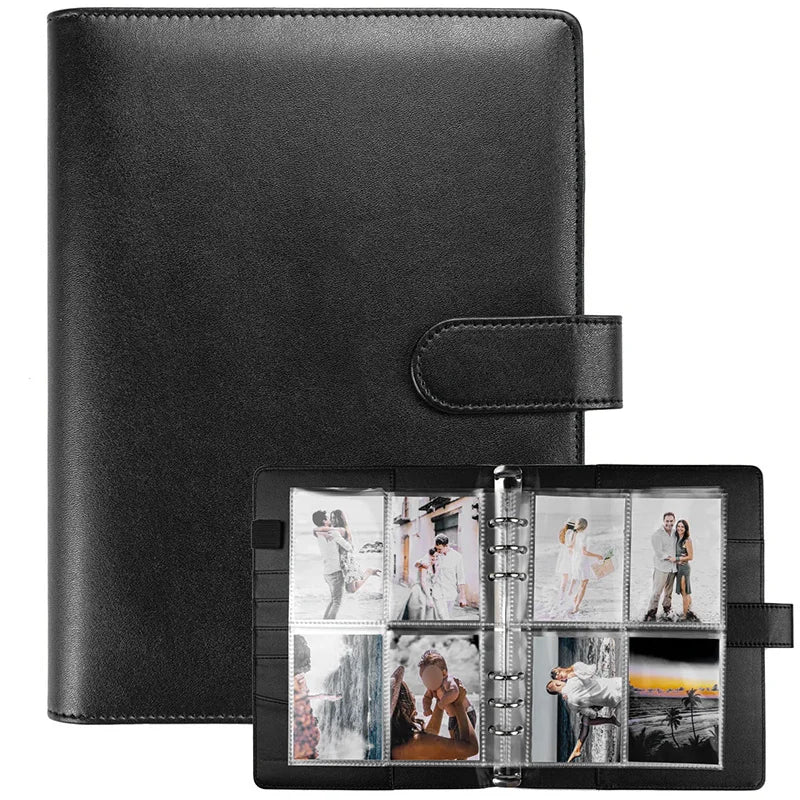 A black reusable A5 Kpop photocard album binder with a protective cover and clear plastic pages.
