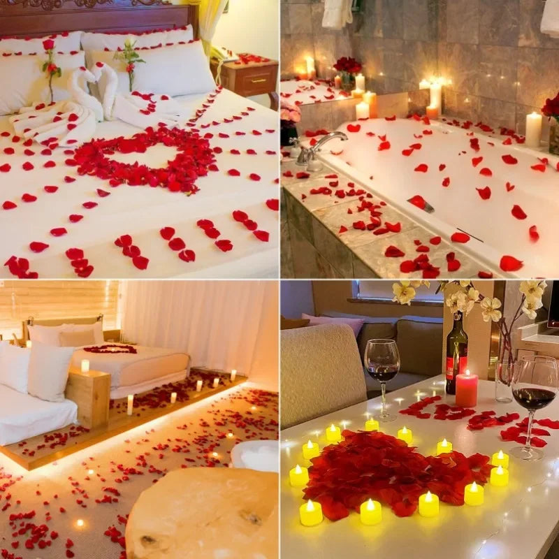 Red silk rose petals scattered on white fabric and surfaces for weddings and events