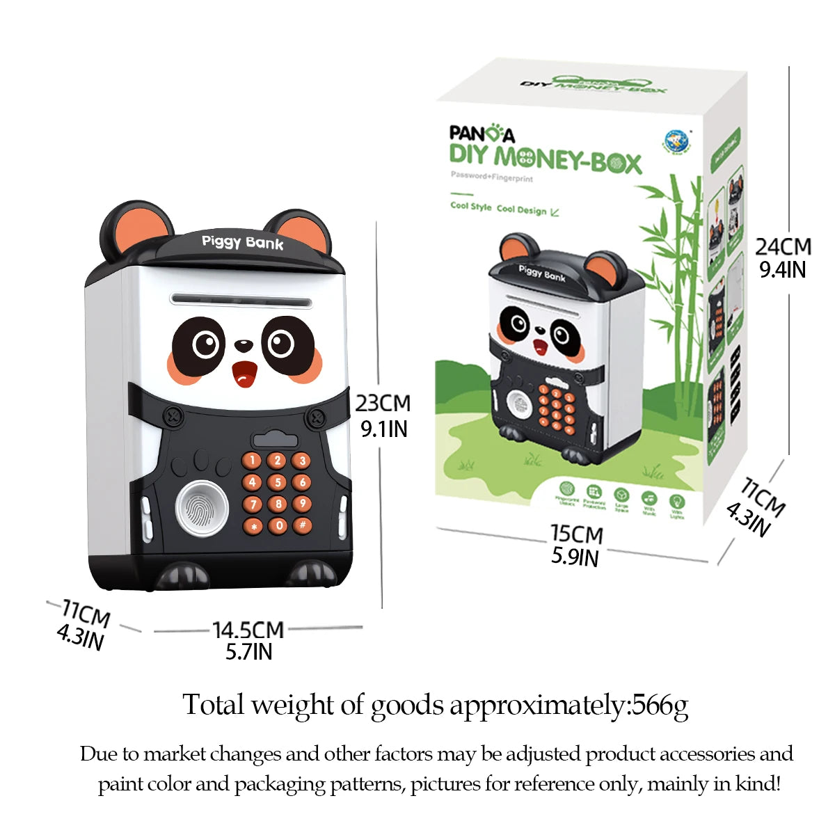 A white and black piggy bank shaped like a panda, featuring an automatic money saving mechanism.