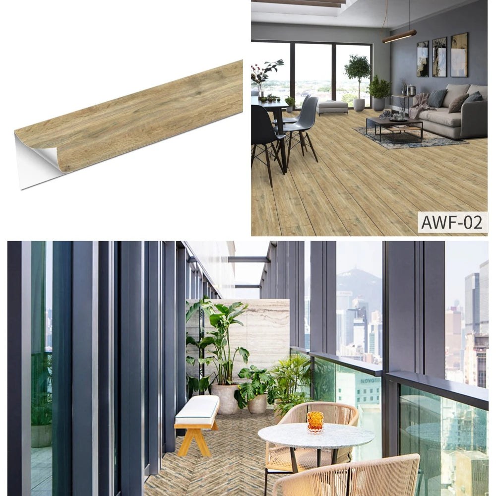 A sample of wood grain self-adhesive decal showing a natural wood texture used for wall and floor decoration.