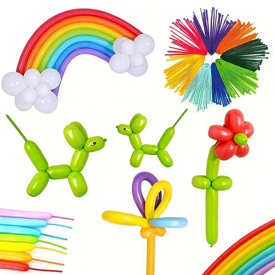 A collection of multicolor latex modeling balloons, including a rainbow arch, various colored balloons, and green fruit-shape