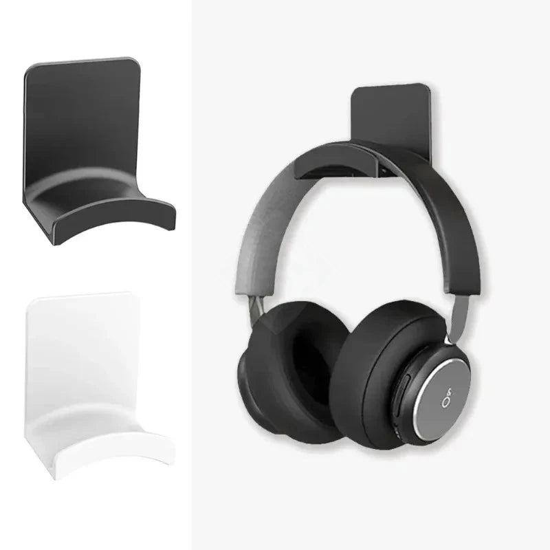 A black adhesive headphone stand shown in various angles, including a mounting plate and the finished headphone holder.