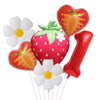 A set of six foil balloons shaped like a strawberry and white flowers in pink, orange, and green colors.