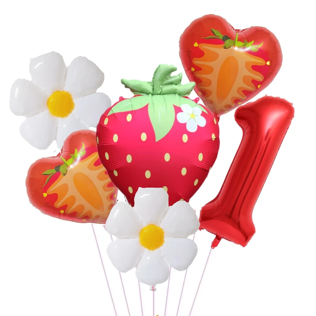 A set of six foil balloons shaped like a strawberry and white flowers in pink, orange, and green colors.