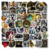 A collection of vintage art decals featuring mystical themes like eyes, cats, suns, moons, and gothic figures.