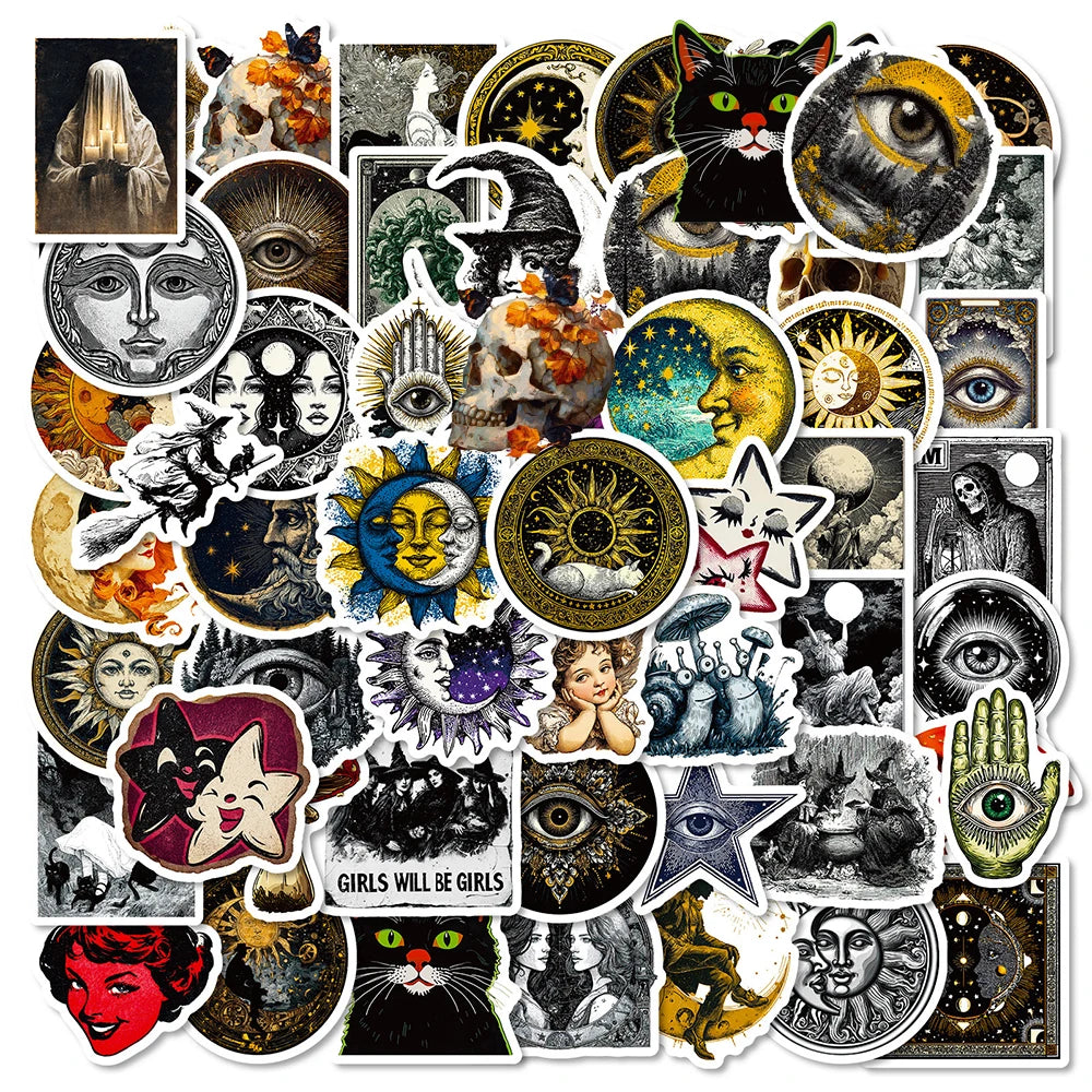 A collection of vintage art decals featuring mystical themes like eyes, cats, suns, moons, and gothic figures.