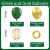 A set of green and gold balloons including balloons, confetti, and ribbon.