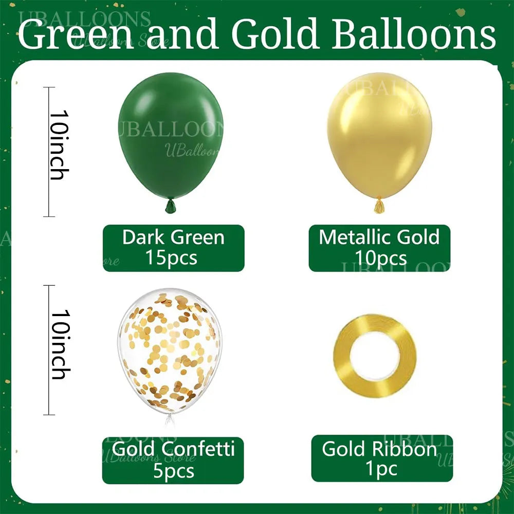 A set of green and gold balloons including balloons, confetti, and ribbon.