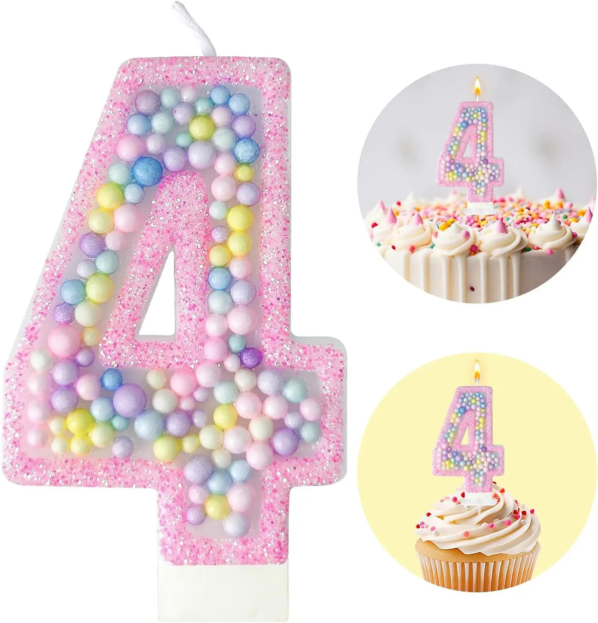 Pink glitter number 4 candle shaped like a cupcake with pink frosting