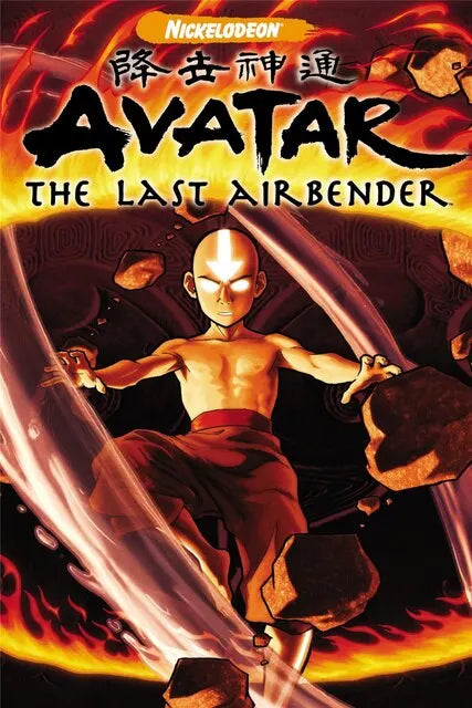 Poster art for Avatar: The Last Airbender featuring a character in a dramatic, fiery scene.