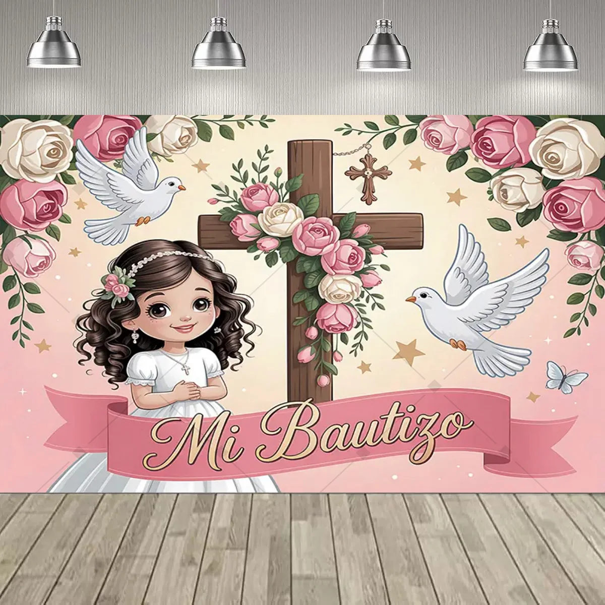 A floral backdrop for a First Communion featuring a wooden cross, doves, and pink roses with the text Mi Bautizo