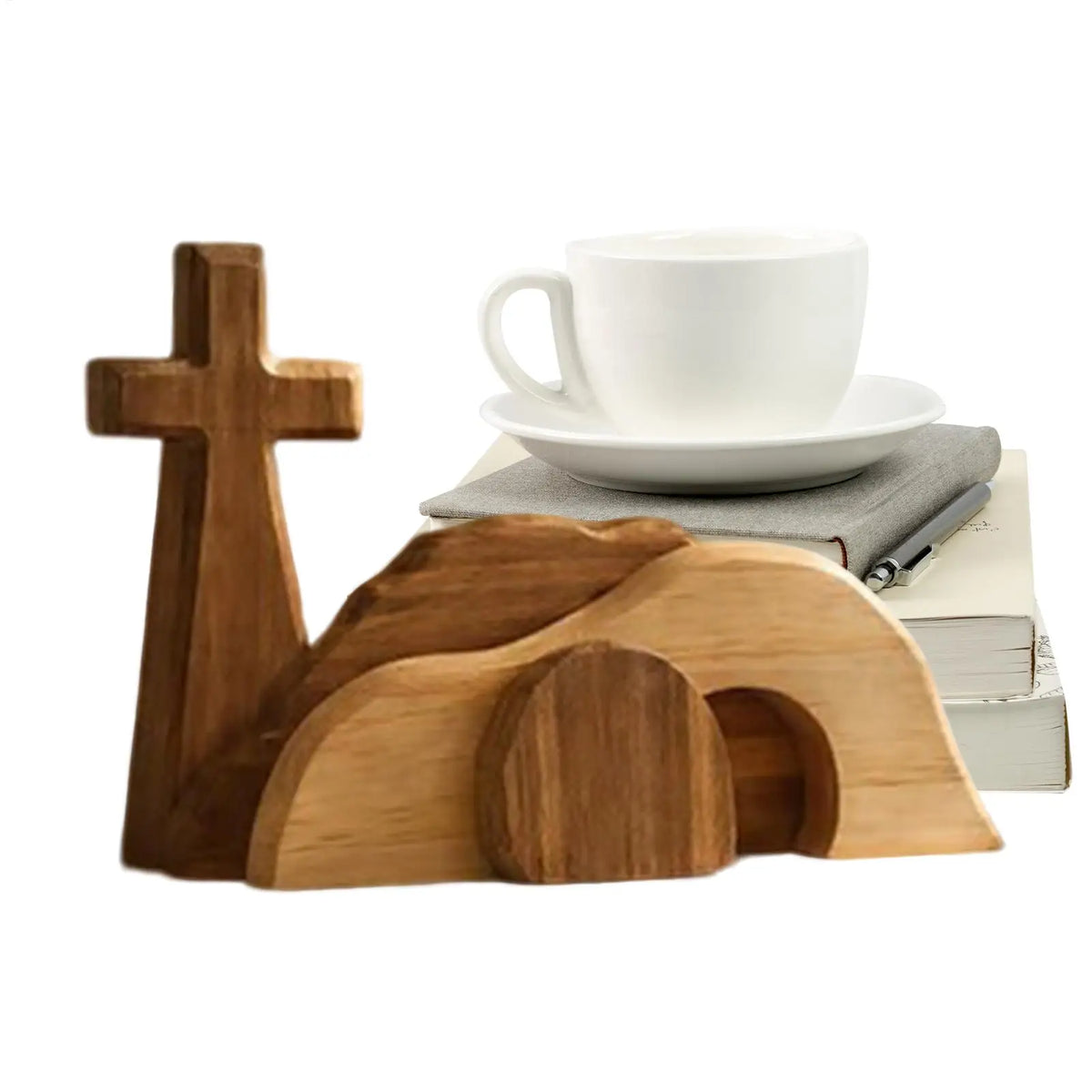 Wooden Easter empty tomb scene decoration featuring a cross and a landscape, used for home or church display.