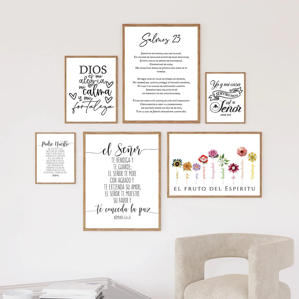 A set of five framed canvas wall art prints featuring Spanish Bible verses like Salmos 23 and Dios mi alegría.