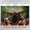A flat 2D birthday banner featuring a dark wreath with red roses and green foliage decorated with mushrooms and a wooden fram