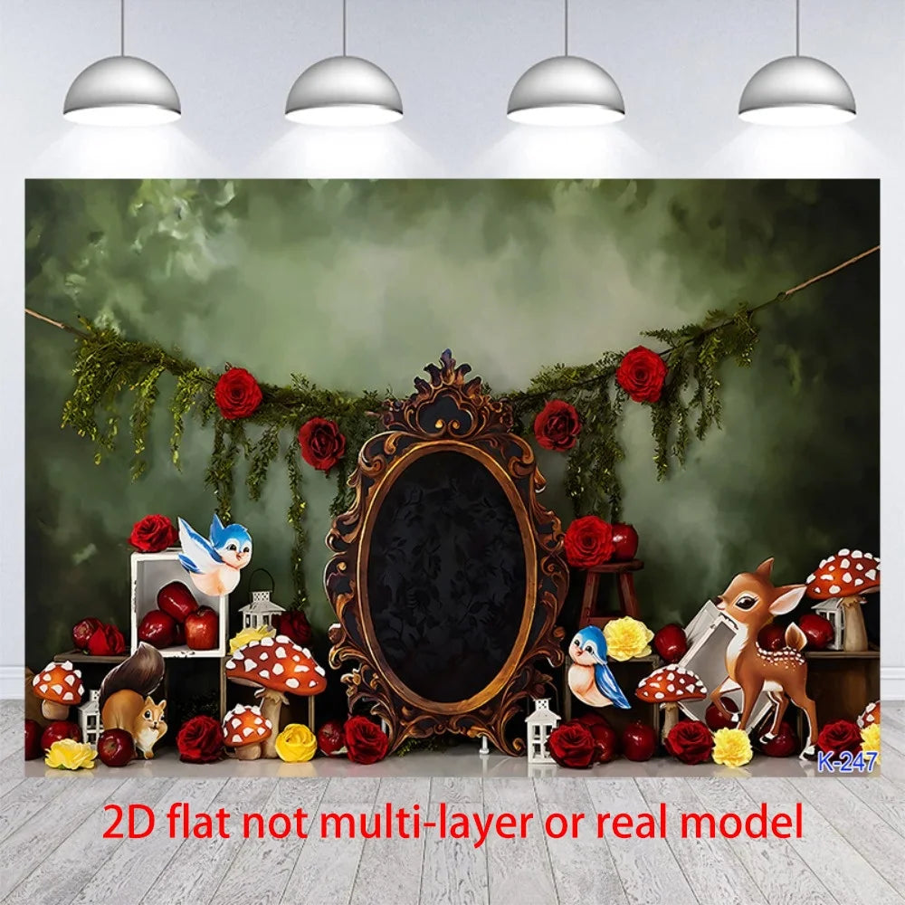 A flat 2D birthday banner featuring a dark wreath with red roses and green foliage decorated with mushrooms and a wooden fram