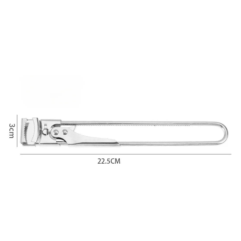 Stainless steel jar and bottle opener tool with a handle and lever.