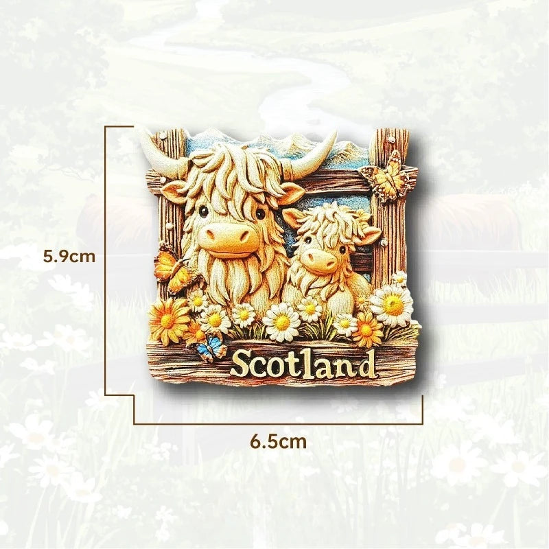 A wooden souvenir featuring two shaggy Highland cows and flowers, labeled Scotland.
