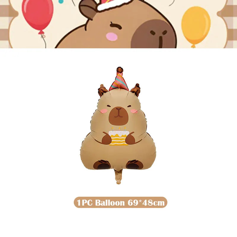 A cute, fluffy capybara mascot decoration for a birthday party kit.
