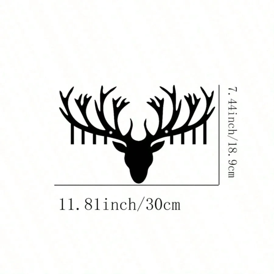 Black metal deer head wall sculpture with antlers and dimensions 7.44 inches (18.9 cm) and 11.81 inches (30 cm).