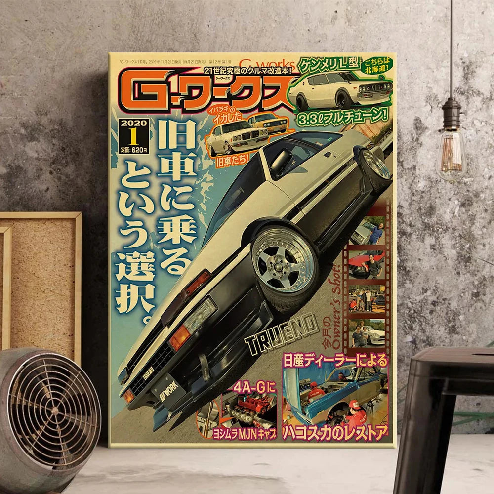 Affiche d'art sur toile verticale représentant une illustration stylisée d'une supercar JDM vintage, intitulée G-WACS.