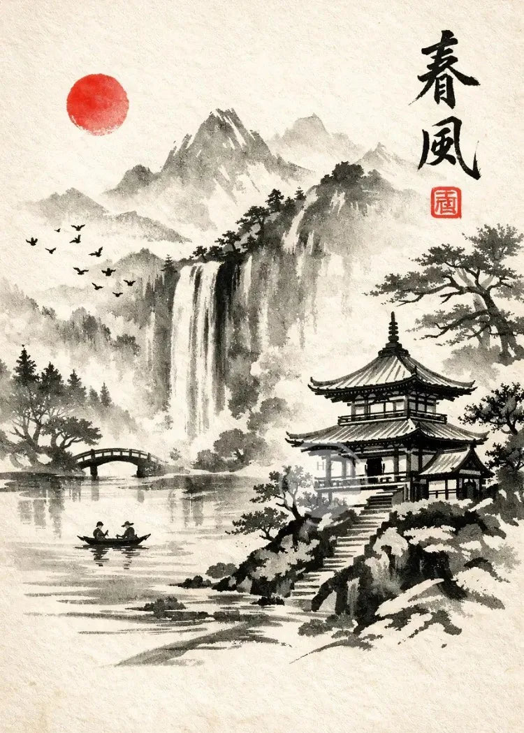 A black and white ink painting depicting a landscape with mountains, a waterfall, a bridge, and a traditional Japanese pavili