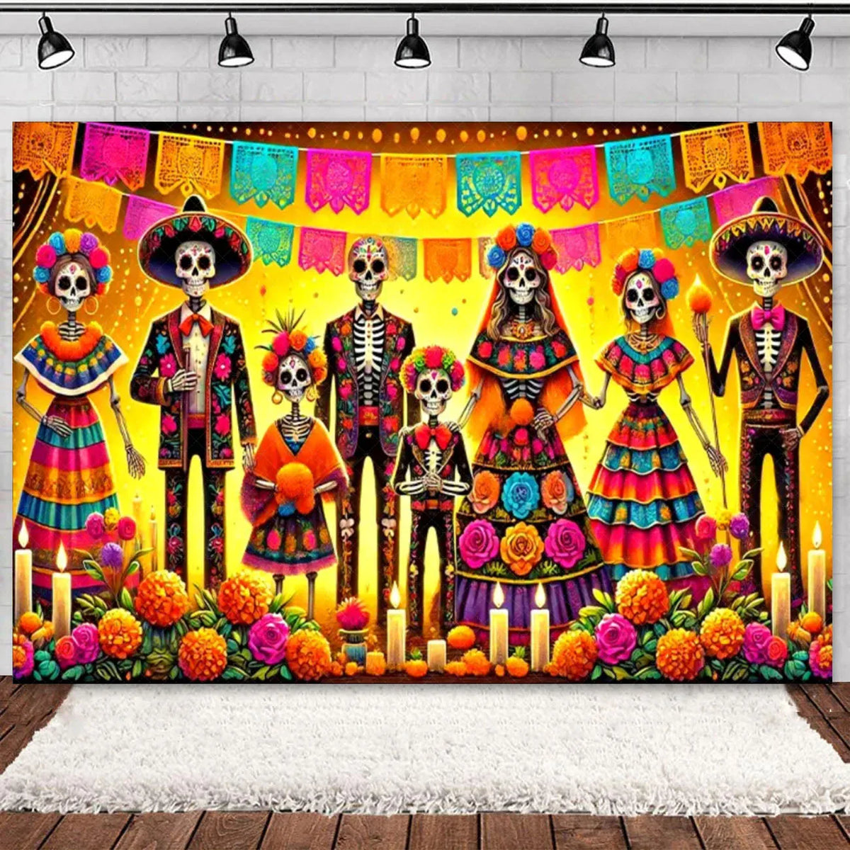 Day of the Dead Skeleton & Floral Backdrop for Party Photo Booth