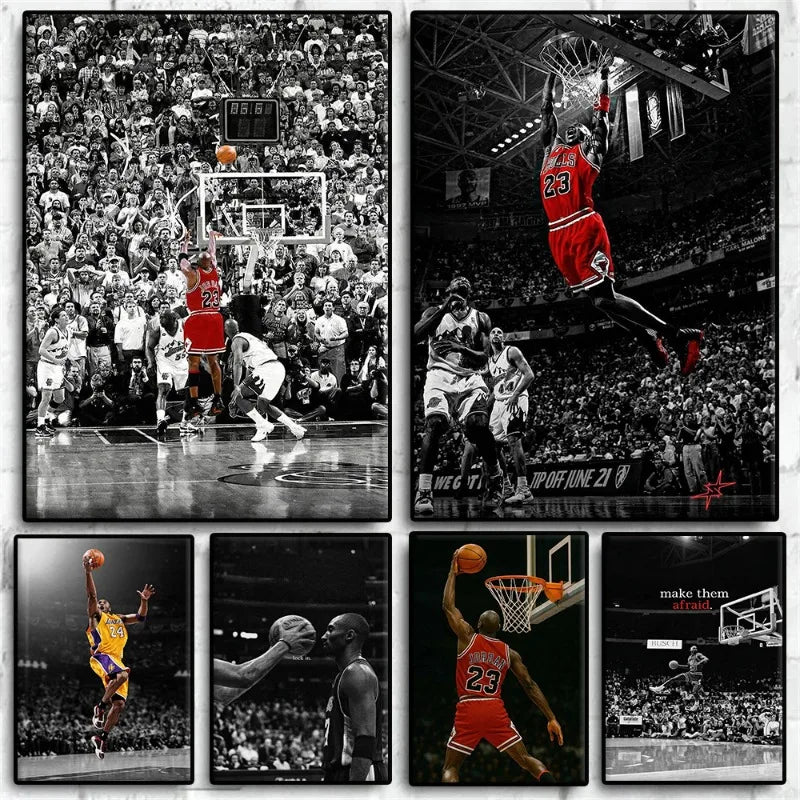 A collage of basketball players performing slam dunks and action shots, featuring red and yellow uniforms against a dark back