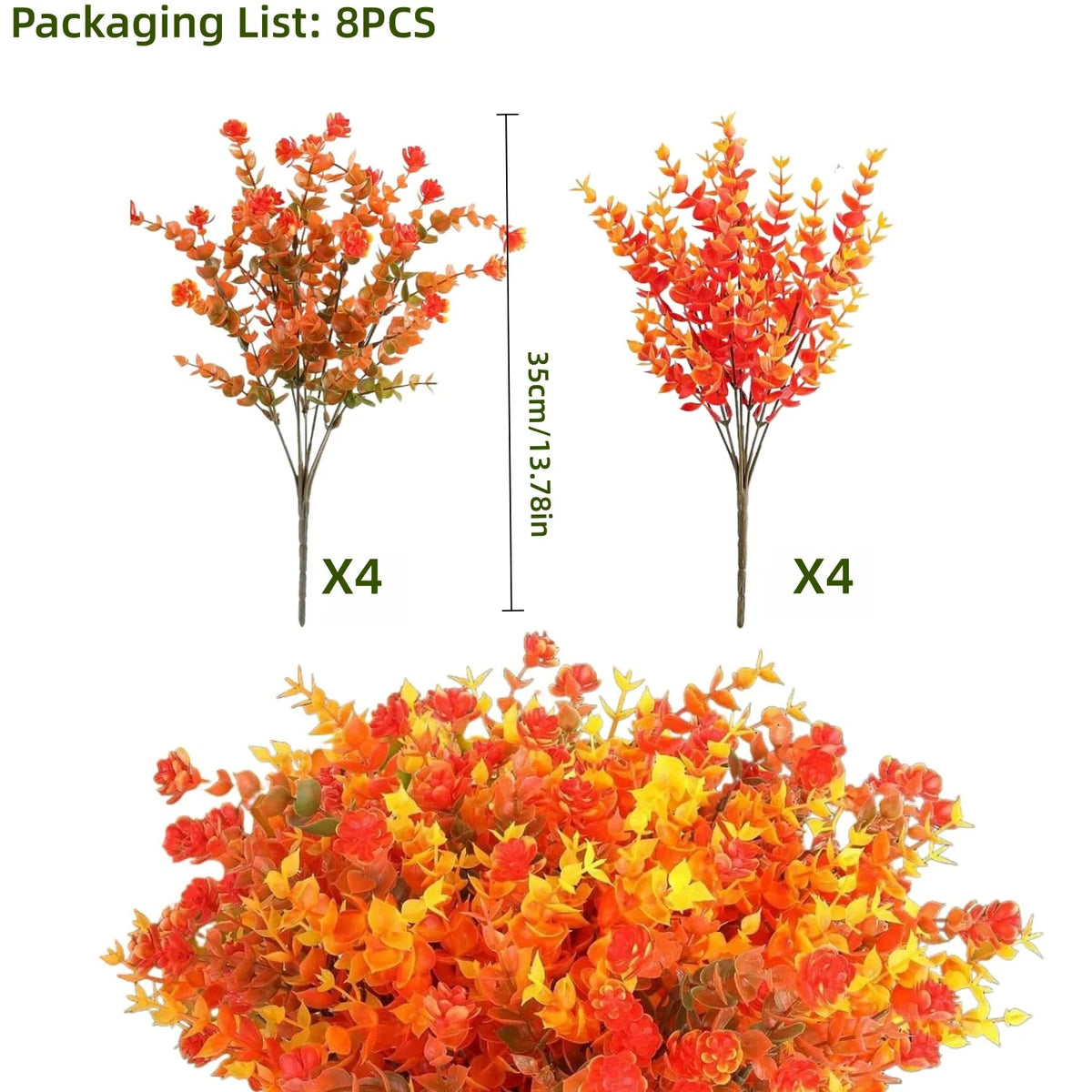 Four artificial autumn floral branches and a pile of colorful autumn leaves