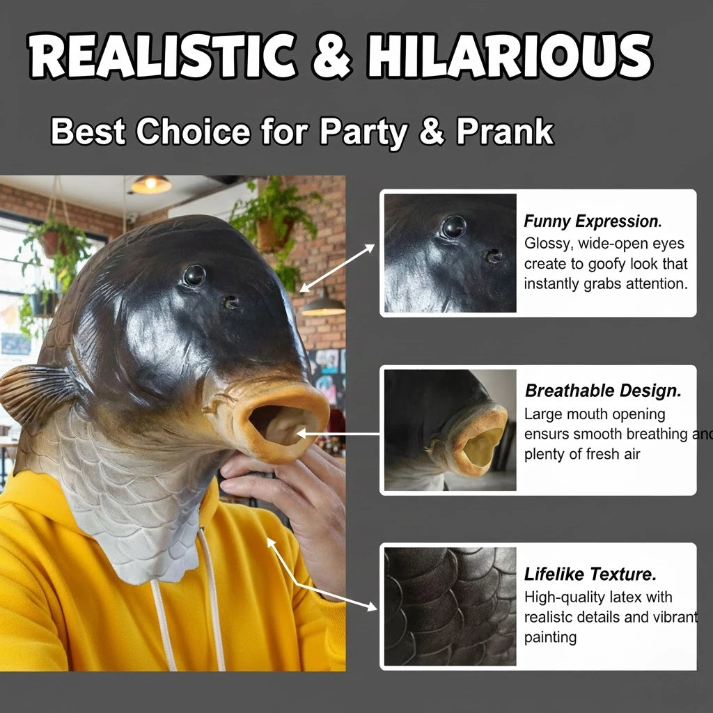 A realistic latex fish head mask with a large mouth opening shown in a close-up view.