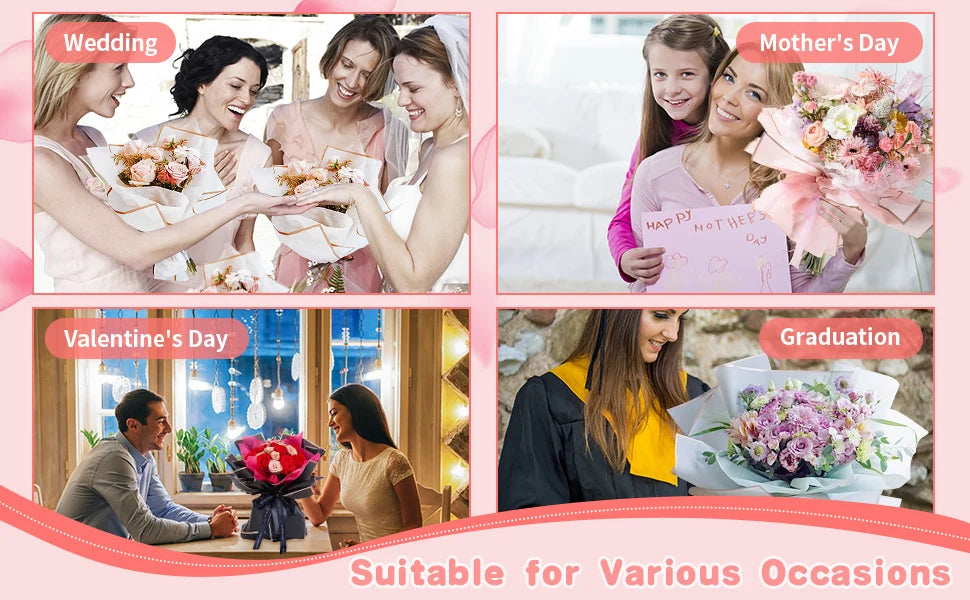 A collage showing decorative flower wrapping paper for various occasions like weddings, Mother's Day, Valentine's Day, and gr