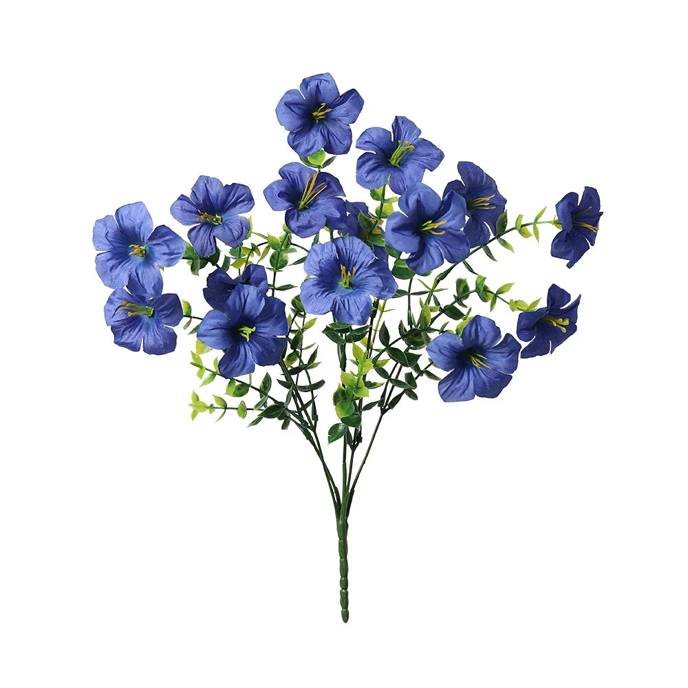 A bouquet of artificial silk blue petunia flowers on a green stem.