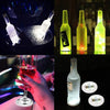 A collage showing luminous LED coaster lights illuminating various bottles and glasses.