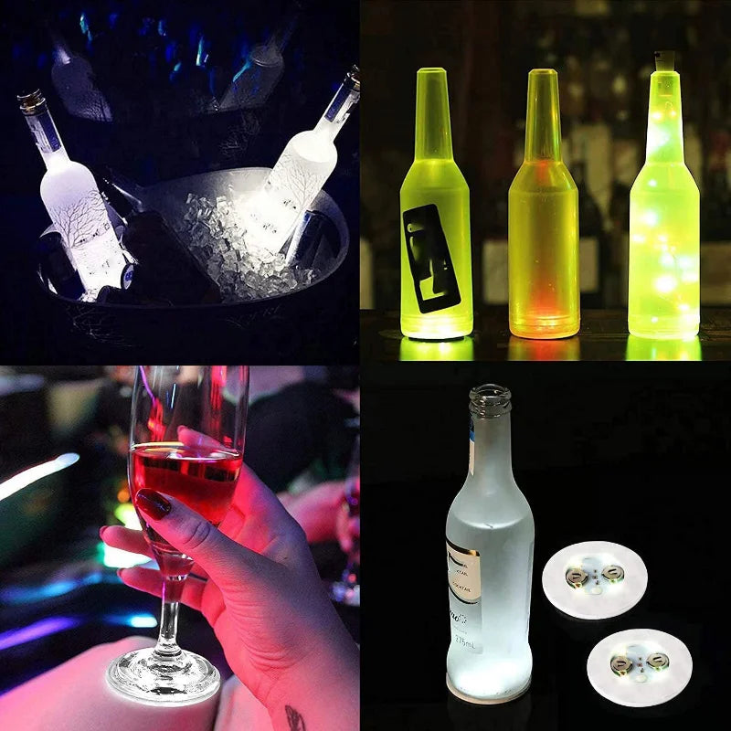 A collage showing luminous LED coaster lights illuminating various bottles and glasses.