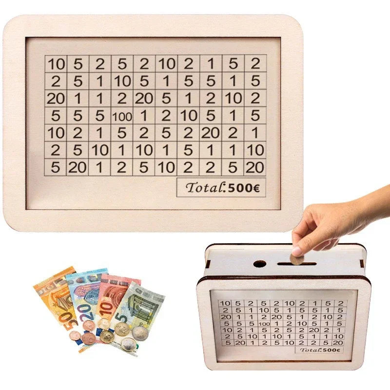 A wooden money saving box with a grid tracker and several stacks of currency.