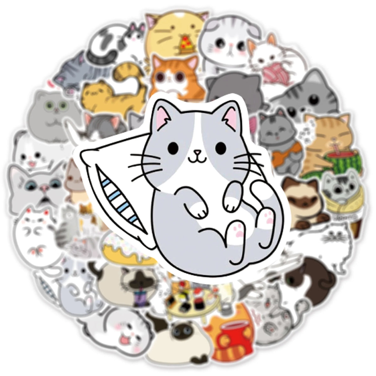 A circular arrangement of various funny cartoon cat stickers and illustrations.