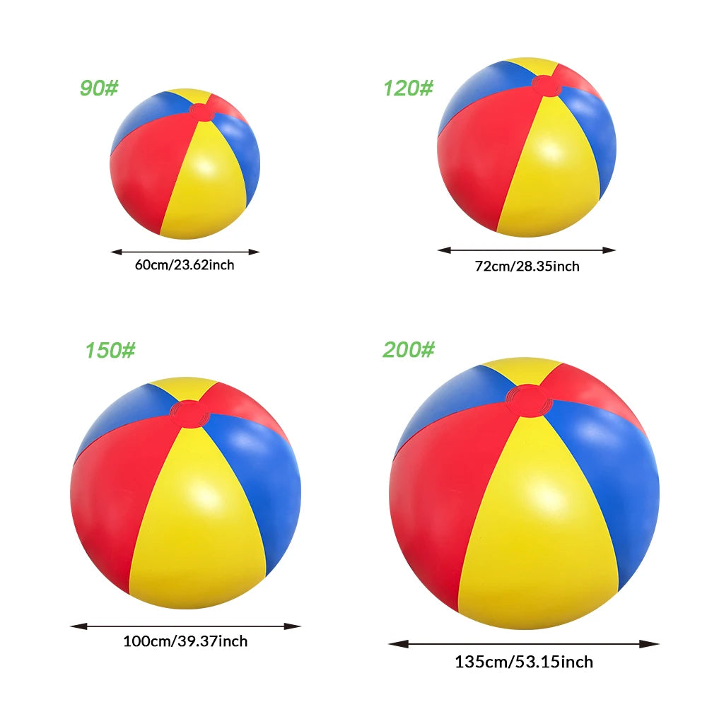 Four inflatable pool party balls in red, yellow, and blue colors shown from the side.