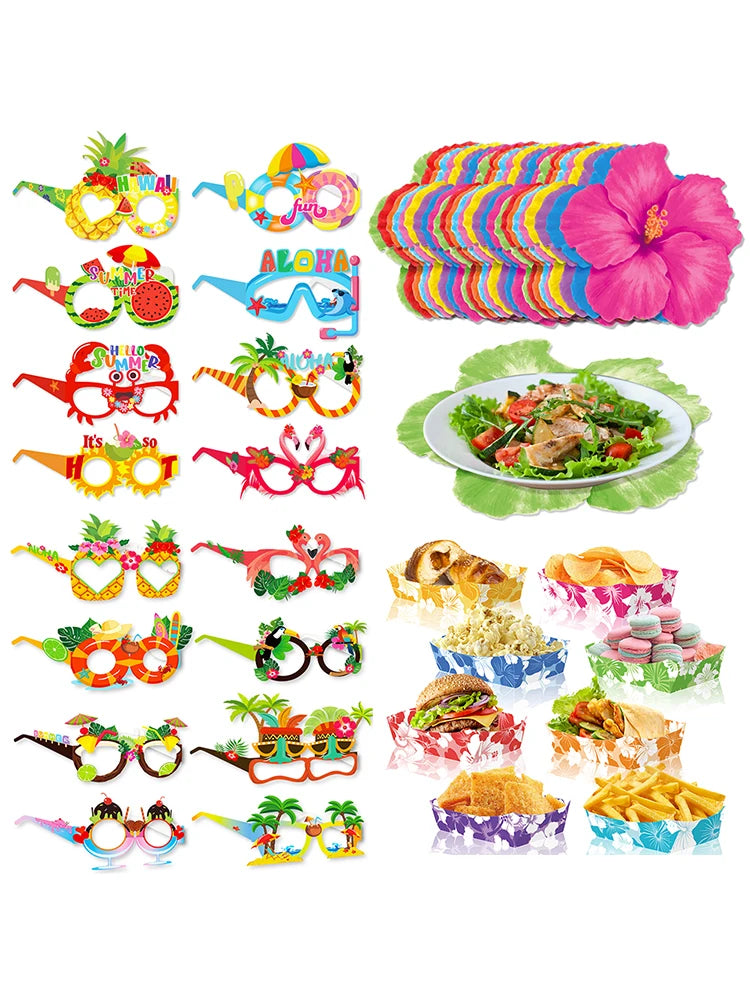 A colorful set of Hawaiian luau party sunglasses and table mats featuring tropical designs.