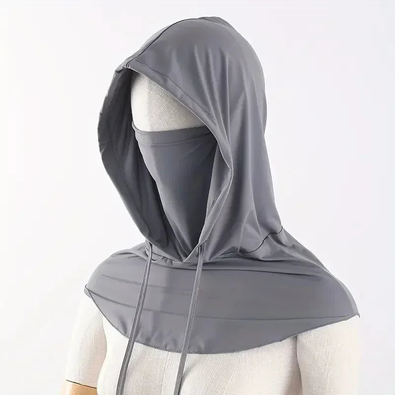 A gray breathable UV protection balaclava face mask with a long neck cover displayed on a mannequin.