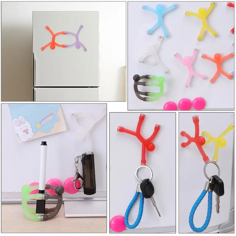 Colorful flexible mini figures attached to refrigerator magnets and various accessories