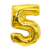 A shiny gold foil number balloon shaped like the numeral five.
