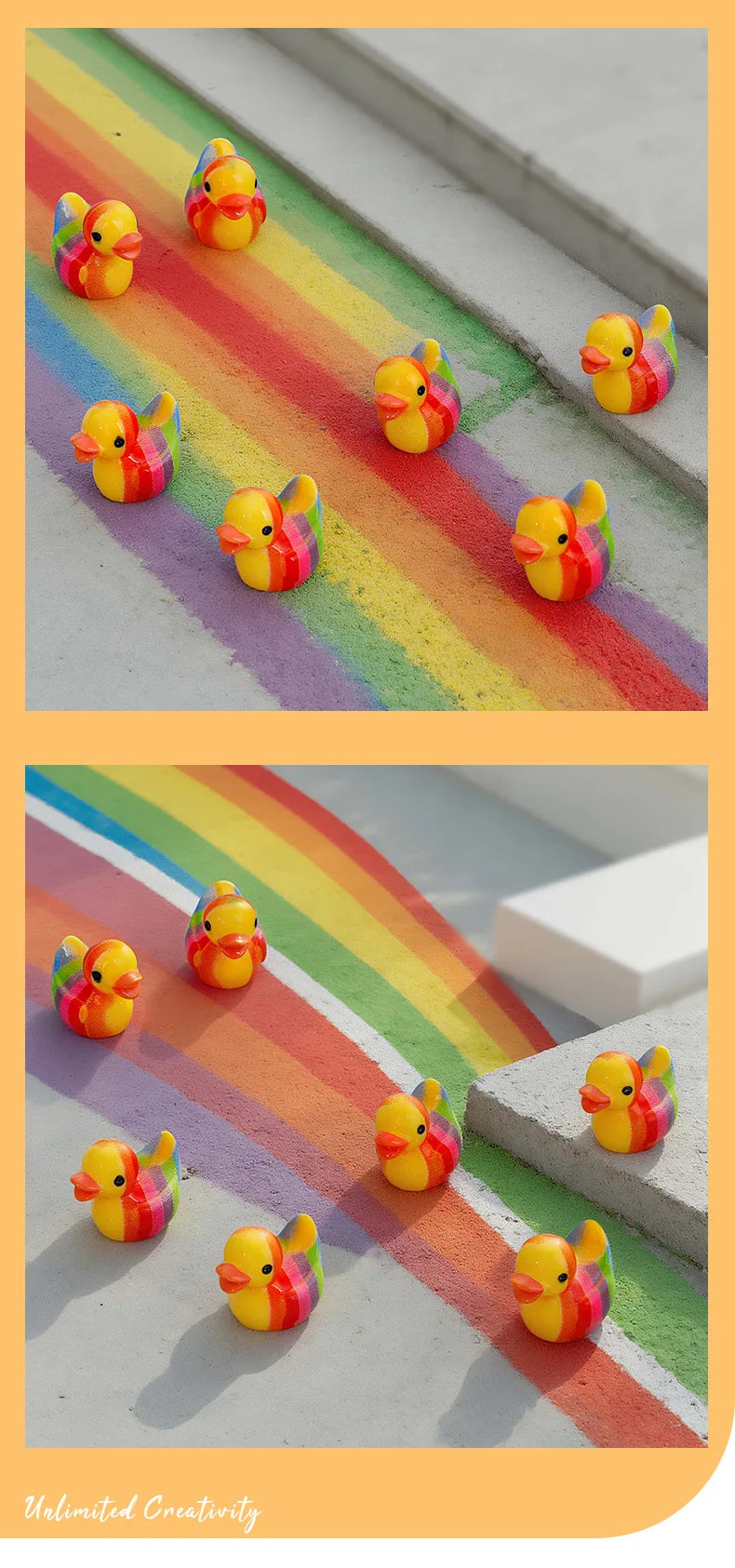 A set of mini resin colorful duck decorations arranged on a rainbow-colored surface.