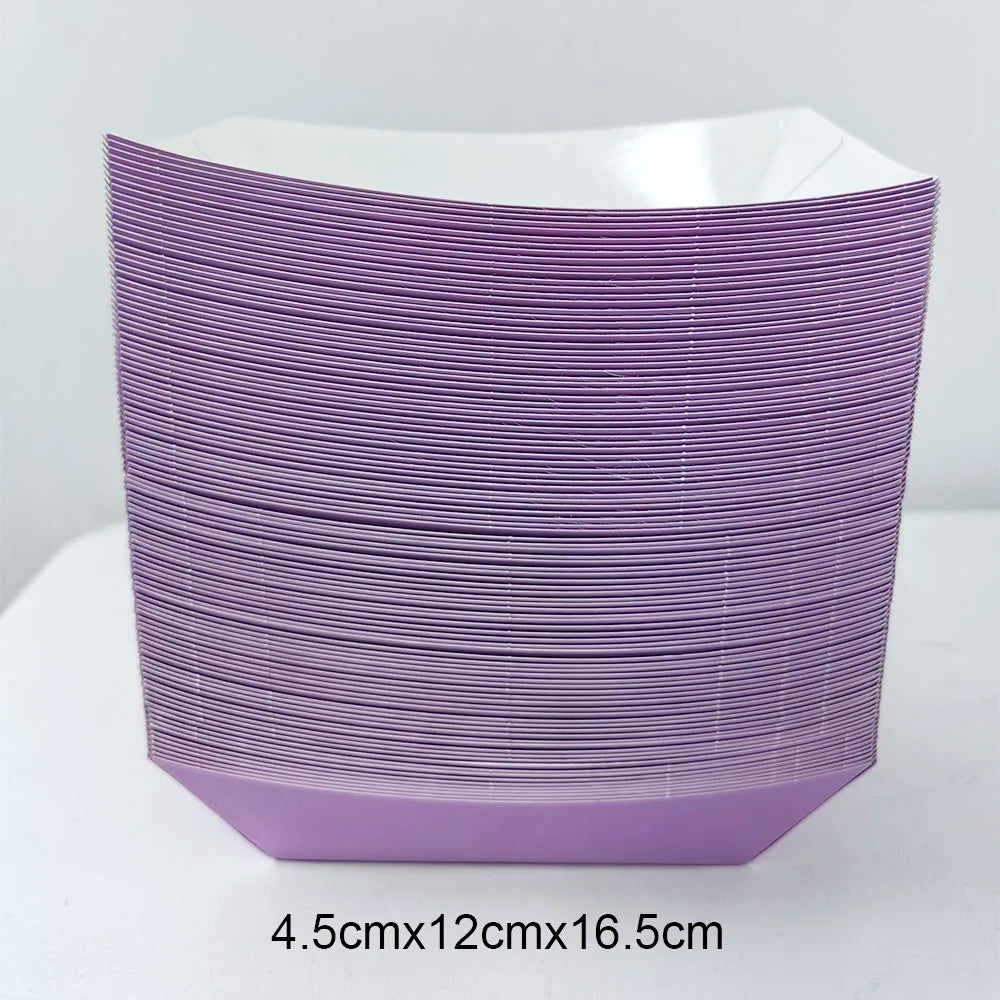 A stack of purple disposable paper food trays with dimensions 4.5cm x 12cm x 16.5cm.